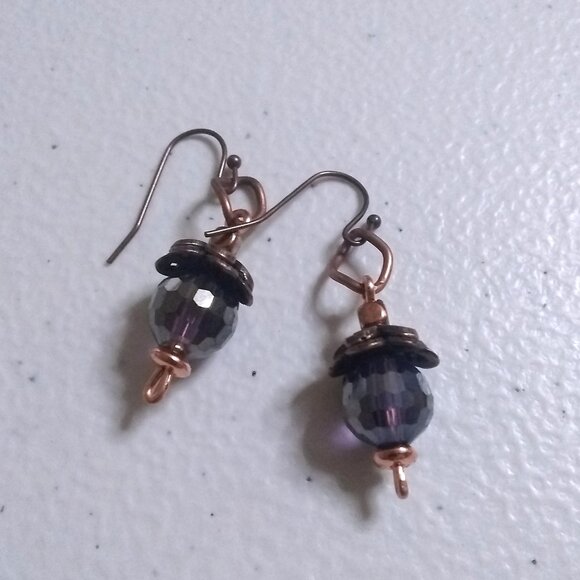 Short Shimmering Bling Boho Glam Drop Earrings - Copper w Purple Hues + Flashes - Picture 4 of 8